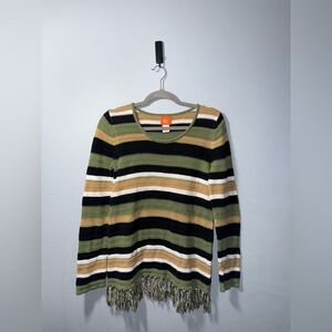 Hearts of Palm Women’s Petite Small Fall Striped Fringe Knit Sweater EUC